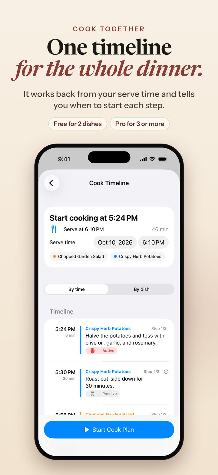 One timeline for the whole dinner: a Cook Together timeline worked back from your serve time
