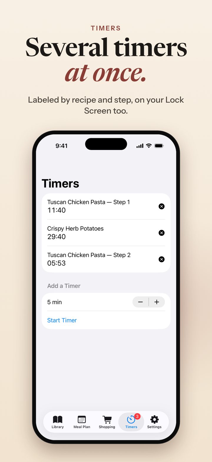 Several timers at once, labeled by recipe and step