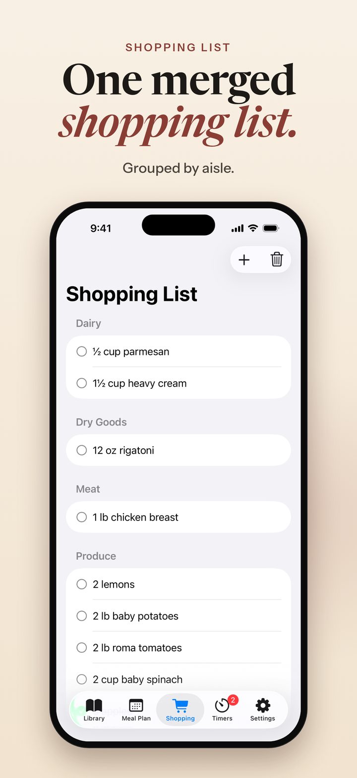 One merged shopping list, grouped by aisle